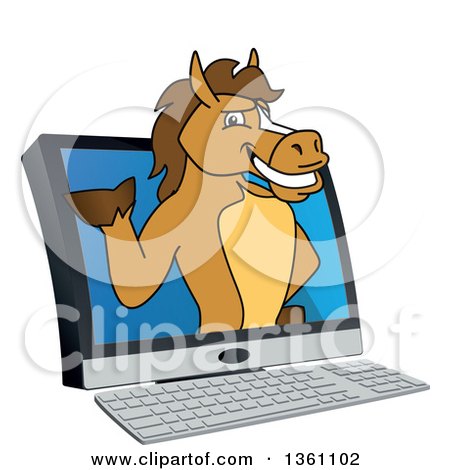 Clipart of a Horse Colt Bronco Stallion or Mustang School Mascot Character Emerging from a Desktop Computer - Royalty Free Vector Illustration by Mascot Junction