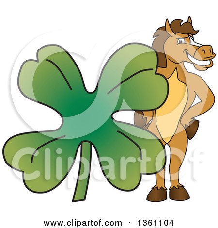 Clipart of a Horse Colt Bronco Stallion or Mustang School Mascot Character Posing with a Giant Lucky Four Leaf St Patricks Day Clover - Royalty Free Vector Illustration by Mascot Junction