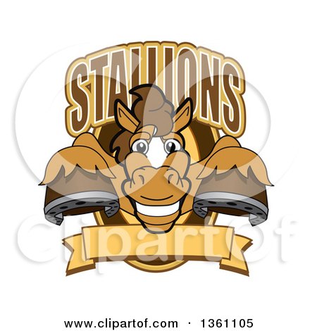 Clipart of a Horse Colt Bronco Stallion or Mustang School Mascot Character Leaping out of a Shield with a Blank Banner and Text - Royalty Free Vector Illustration by Mascot Junction