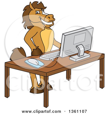 Clipart of a Horse Colt Bronco Stallion or Mustang School Mascot Character Student in a Computer Lab - Royalty Free Vector Illustration by Mascot Junction