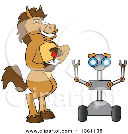 Clipart of a Horse Colt Bronco Stallion or Mustang School Mascot Character Student Operating a Robot - Royalty Free Vector Illustration by Mascot Junction