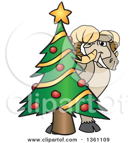 Clipart of a Ram School Mascot Character Smiling Around a Christmas Tree - Royalty Free Vector Illustration by Mascot Junction