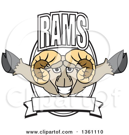 Clipart of a Ram School Mascot Character Leaping out of a Shield with Text and a Blank Banner - Royalty Free Vector Illustration by Mascot Junction
