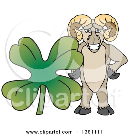 Clipart of a Ram School Mascot Character Posing with a St Patricks Day Four Leaf Clover - Royalty Free Vector Illustration by Mascot Junction