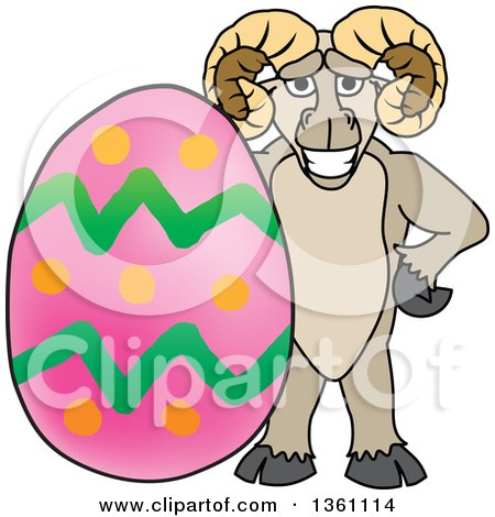 Clipart of a Ram School Mascot Character Posing with an Easter Egg - Royalty Free Vector Illustration by Mascot Junction
