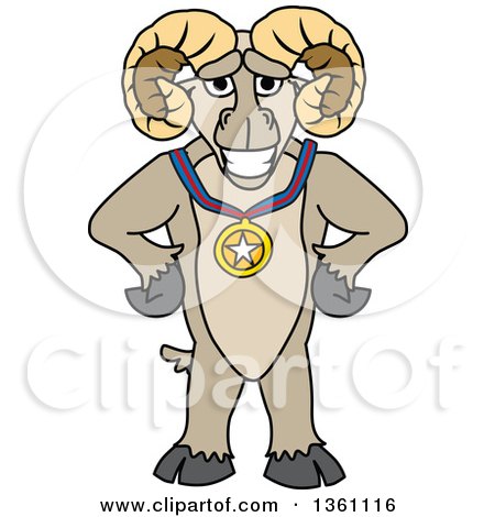 Clipart of a Ram School Mascot Character Champion Posing with a Sports Medal - Royalty Free Vector Illustration by Mascot Junction