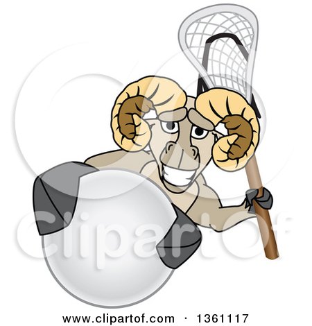 Clipart of a Ram School Mascot Character Holding a Stick and Grabbing a Lacrosse Ball - Royalty Free Vector Illustration by Mascot Junction