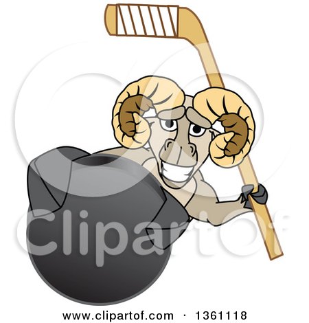 Clipart of a Ram School Mascot Character Holding a Stick and Grabbing a Hockey Puck - Royalty Free Vector Illustration by Mascot Junction