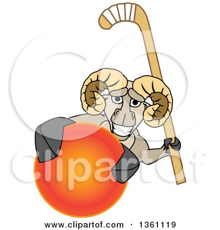 Clipart of a Ram School Mascot Character Holding a Stick and Grabbing a Field Hockey Ball - Royalty Free Vector Illustration by Mascot Junction