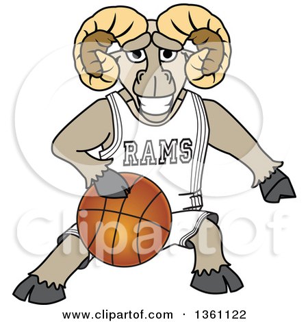 Clipart of a Ram School Mascot Character Dribbling a Basketball - Royalty Free Vector Illustration by Mascot Junction