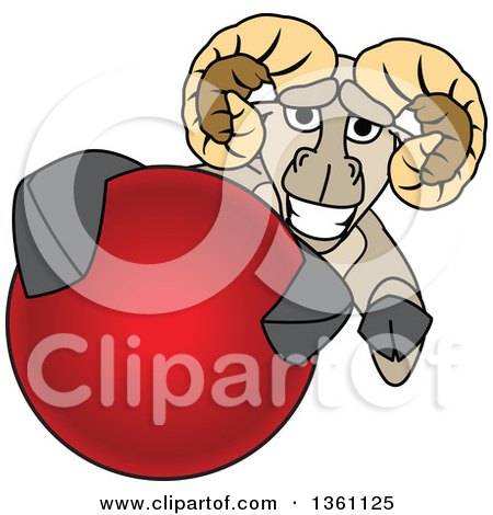 Clipart of a Ram School Mascot Character Grabbing a Red Ball - Royalty Free Vector Illustration by Mascot Junction