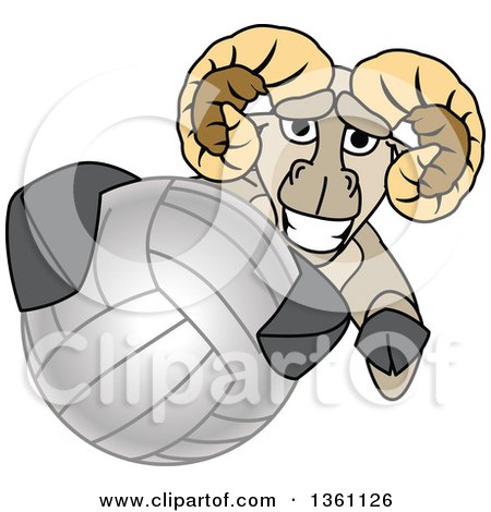 Clipart of a Ram School Mascot Character Grabbing a Volleyball - Royalty Free Vector Illustration by Mascot Junction