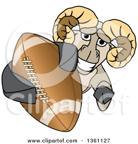 Clipart of a Ram School Mascot Character Grabbing an American Football - Royalty Free Vector Illustration by Mascot Junction