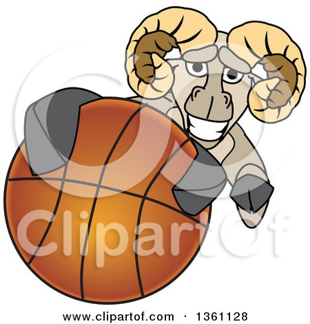 Clipart of a Ram School Mascot Character Grabbing a Basketball - Royalty Free Vector Illustration by Mascot Junction