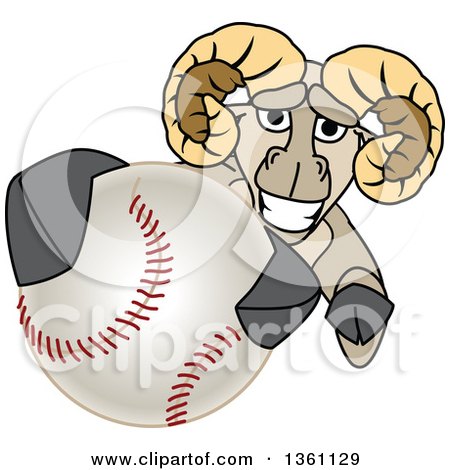 Clipart of a Ram School Mascot Character Grabbing a Baseball - Royalty Free Vector Illustration by Mascot Junction
