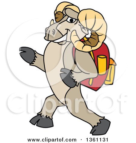 Clipart of a Ram School Mascot Character Student Walking with a Backpack - Royalty Free Vector Illustration by Mascot Junction