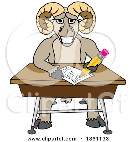 Clipart of a Ram School Mascot Character Student Taking a Quiz at a Desk - Royalty Free Vector Illustration by Mascot Junction