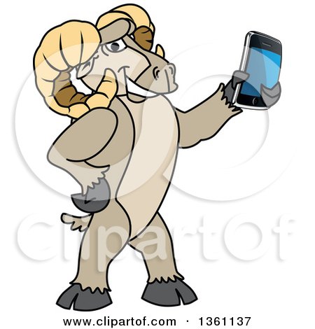 Clipart of a Ram School Mascot Character Holding out a Smart Phone - Royalty Free Vector Illustration by Mascot Junction