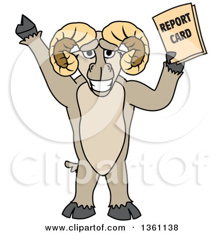 Clipart of a Ram School Mascot Character Student Holding a Report Card - Royalty Free Vector Illustration by Mascot Junction