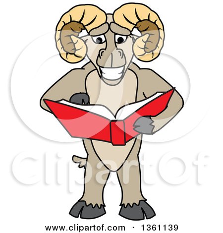 Clipart of a Ram School Mascot Character Student Reading a Book - Royalty Free Vector Illustration by Mascot Junction