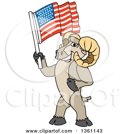 Clipart of a Ram School Mascot Character Holding an American Flag - Royalty Free Vector Illustration by Mascot Junction
