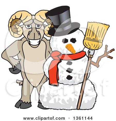 Clipart of a Ram School Mascot Character Posing with a Christmas Snowman - Royalty Free Vector Illustration by Mascot Junction