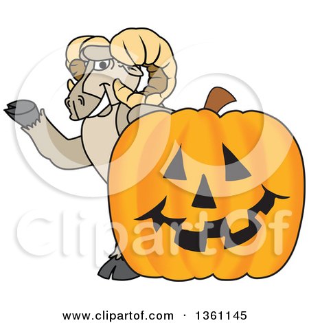 Clipart of a Ram School Mascot Character Waving by a Jackolantern - Royalty Free Vector Illustration by Mascot Junction