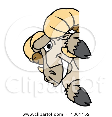 Clipart of a Ram School Mascot Character Looking Around a Sign - Royalty Free Vector Illustration by Mascot Junction