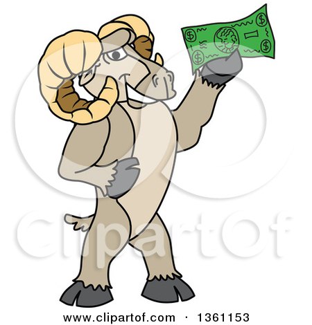 Clipart of a Ram School Mascot Character Holding Cash Money - Royalty Free Vector Illustration by Mascot Junction