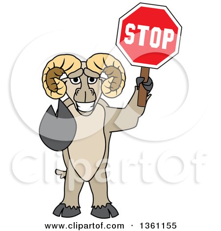 Clipart of a Ram School Mascot Character Gesturing and Holding a Stop Sign - Royalty Free Vector Illustration by Mascot Junction