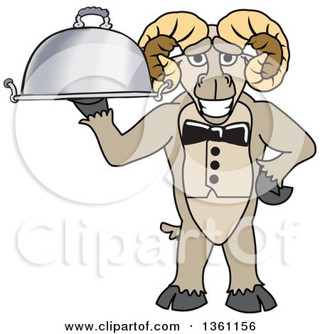 Clipart of a Ram School Mascot Character Waiter Holding a Cloche Platter - Royalty Free Vector Illustration by Mascot Junction