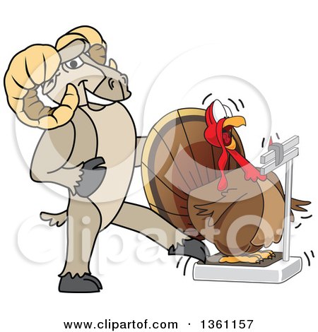 Clipart of a Ram School Mascot Character Tricking a Turkey Standing on a Scale - Royalty Free Vector Illustration by Mascot Junction