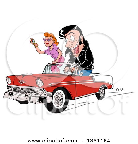 Clipart of a Cartoon Male Greaser Driving His Girl in a Red and White 1956 Chevrolet Bel Air Classic Convertible Car - Royalty Free Vector Illustration by LaffToon