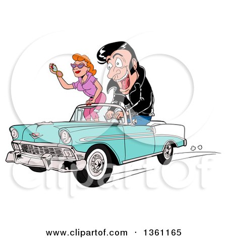 Clipart of a Cartoon Male Greaser Driving His Girl in a Light Blue and White 1956 Chevrolet Bel Air Classic Convertible Car - Royalty Free Vector Illustration by LaffToon