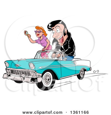 Clipart of a Cartoon Male Greaser Driving His Girl in a Blue and White 1956 Chevrolet Bel Air Classic Convertible Car - Royalty Free Vector Illustration by LaffToon