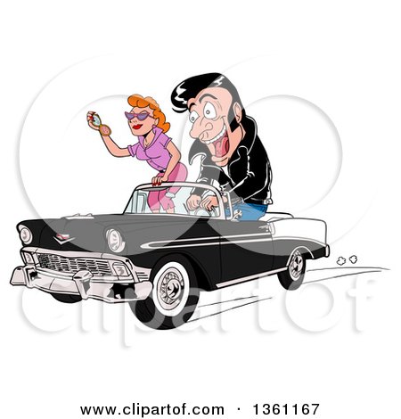 Clipart of a Cartoon Male Greaser Driving His Girl in a Black and White 1956 Chevrolet Bel Air Classic Convertible Car - Royalty Free Vector Illustration by LaffToon