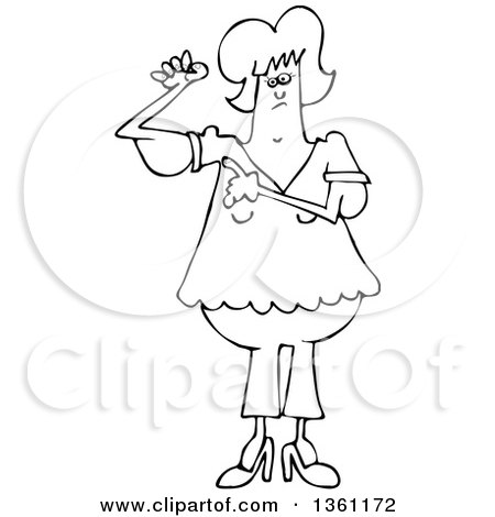 Clipart of a Cartoon Black and White Chubby Woman with Flabby Arms, Pointing to the Problem - Royalty Free Vector Illustration by djart