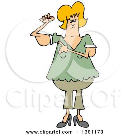 Clipart of a Cartoon Chubby Blond White Woman with Flabby Arms, Pointing to the Problem - Royalty Free Vector Illustration by djart