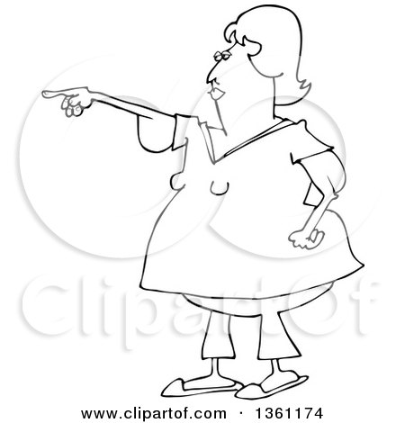 Clipart of a Cartoon Black and White Chubby Woman with Flabby Arms, Pointing - Royalty Free Vector Illustration by djart