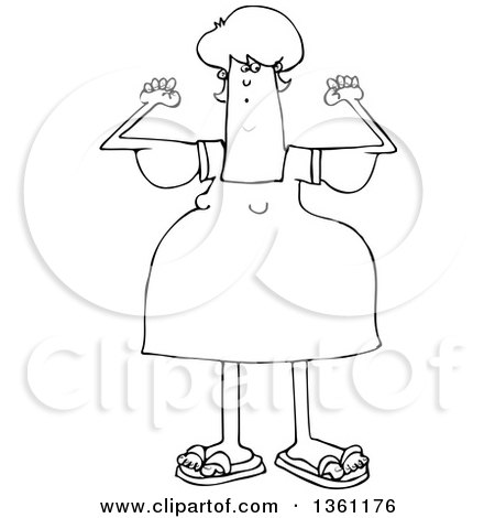 Clipart of a Cartoon Black and White Chubby Woman with Flabby Arms, Flexing - Royalty Free Vector Illustration by djart