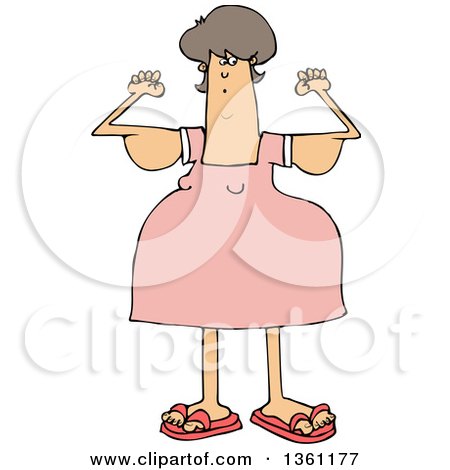 Clipart of a Cartoon Chubby Brunette White Woman with Flabby Arms, Flexing - Royalty Free Vector Illustration by djart