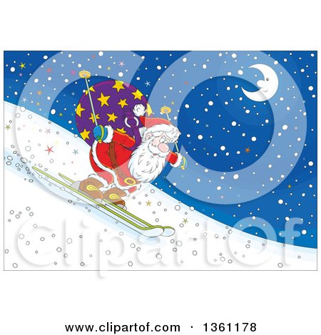 Clipart of Santa Skiing Downhill at Night - Royalty Free Vector Illustration by Alex Bannykh