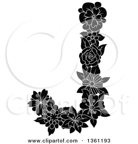 Clipart of a Black and White Floral Uppercase Alphabet Letter J - Royalty Free Vector Illustration by Vector Tradition SM