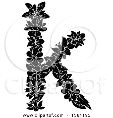 Clipart of a Black and White Floral Lowercase Alphabet Letter K - Royalty Free Vector Illustration by Vector Tradition SM