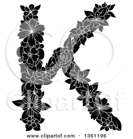 Clipart of a Black and White Floral Uppercase Alphabet Letter K - Royalty Free Vector Illustration by Vector Tradition SM
