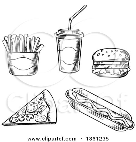 Clipart of Black and White Sketched Fast Foods - Royalty Free Vector Illustration by Vector Tradition SM