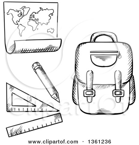 Clipart of a Black and White Sketched Backpack, Ruler and Map - Royalty Free Vector Illustration by Vector Tradition SM