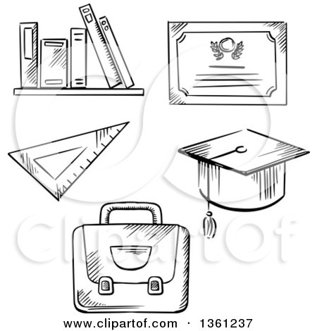 Clipart of a Black and White Sketched Diploma, Graduation Cap, Books, Ruler and Backpack - Royalty Free Vector Illustration by Vector Tradition SM
