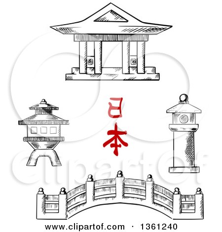 Clipart of a Black and White Sketched Japanese Bridge, Temple and Stone Lanterns - Royalty Free Vector Illustration by Vector Tradition SM