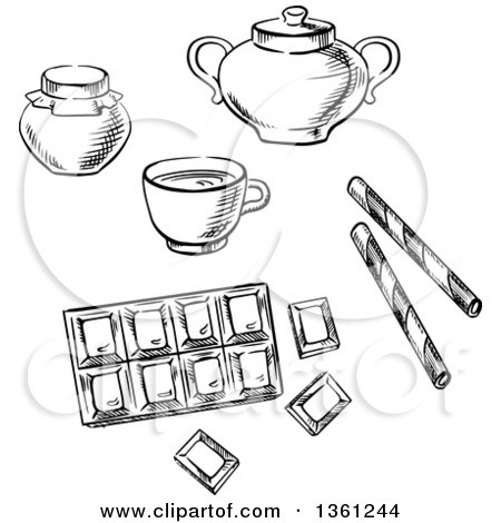 Clipart of a Black and White Sketched Cup of Coffee, Chocolate Bar, Honey Jar, Waffle Rolls and Sugar Bowl - Royalty Free Vector Illustration by Vector Tradition SM